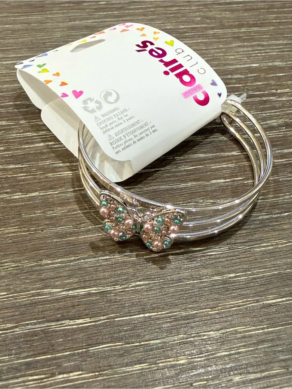 NWT Claire's Silver Butterfly Bracelet with Pink and Aqua Accents